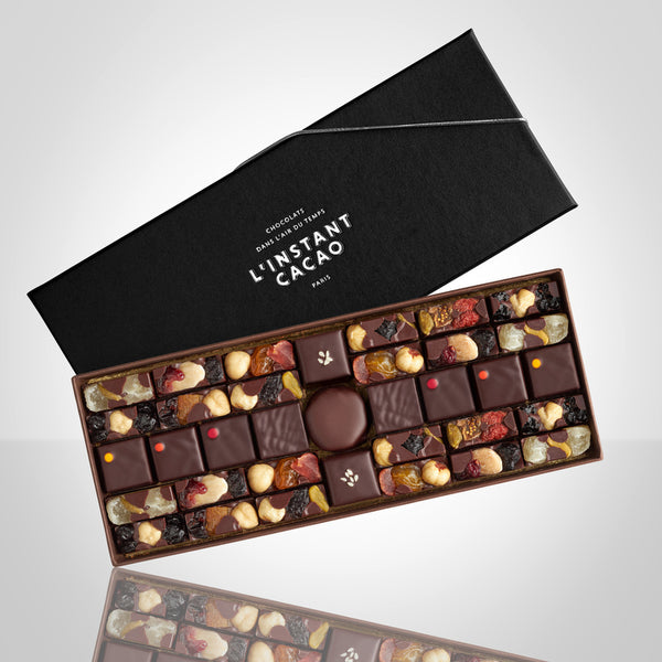 Coffret découverte de bonbons mendiants et pralinés de L'Instant Cacao boite de couleur noire