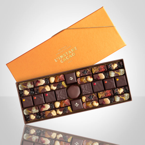 Coffret découverte de bonbons mendiants et pralinés de L'Instant Cacao boite de couleur orange
