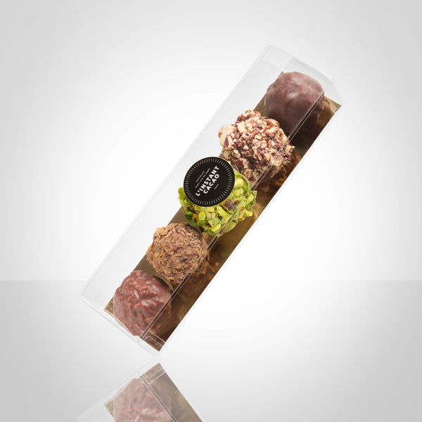 Coffret de 5 rochers : noisette noir, noisette lait, physalis-pécan, céréales et pistache