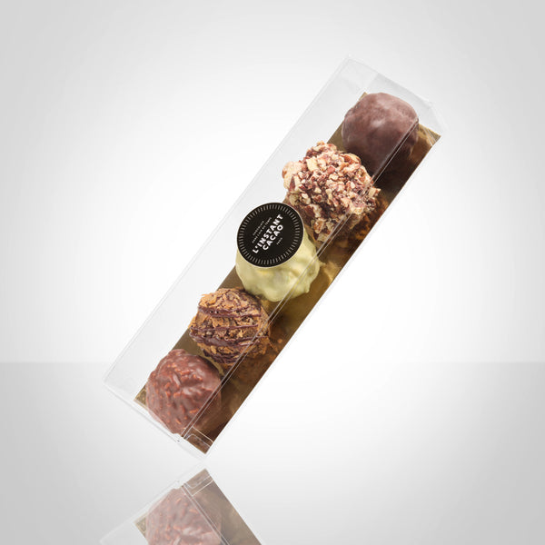 Boite de 5 rochers de Noël: noisette noir, noisette lait, pistache, physalis-pécan et céréales-feuilletine