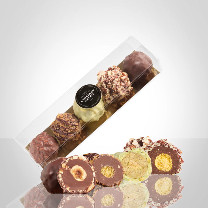 Boite de 5 rochers de Noël: noisette noir, noisette lait, pistache, physalis-pécan et céréales-feuilletine avec un rocher de chaque coupé en son milieu à côté de la boite