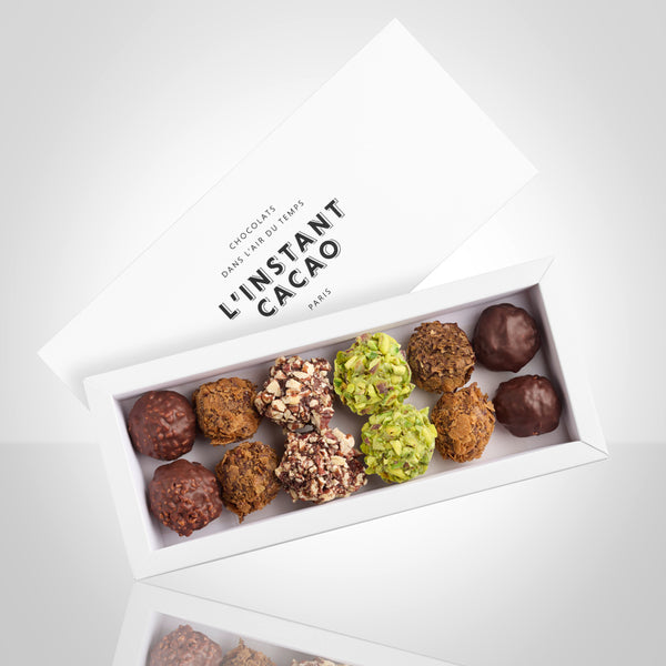 Coffret de 12 rochers : noisette noir, noisette lait, physalis-pécan, céréales et pistache
